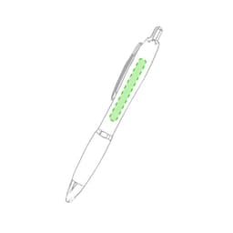 A wooden pen with a sleek design, featuring a clip and a green accent on the barrel, includes a logo.