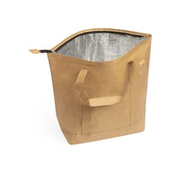 A brown thermal bag with a silver insulated interior and two handles, designed for keeping items cool.