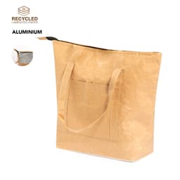 A tan thermal bag with a zip closure and handle, featuring a large front pocket and an aluminium lining.