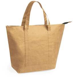 A tan thermal bag with sturdy handles and a front pocket, featuring a logo on one side.