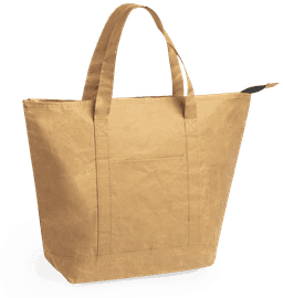 A tan cooler bag with sturdy handles and a zip closure, featuring a logo on the side.