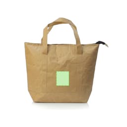 A tan thermal bag with two handles and a front pocket, featuring a logo. Ideal for keeping items cool.
