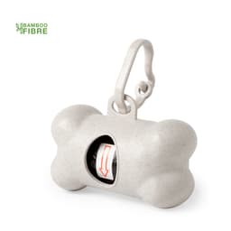 A bone-shaped waste bag dispenser in grey with a clip for attachment, featuring a roll of bags inside.