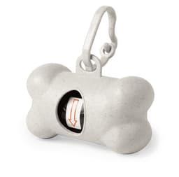 A grey bone-shaped waste bag dispenser with a clip, featuring a roll of waste bags visible inside.