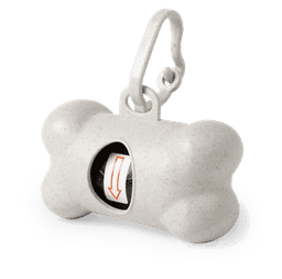 A bone-shaped waste bag dispenser in grey with a hook for attachment, featuring a compartment for bags.