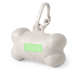 A bone-shaped waste bag dispenser in light grey with a clip attachment. It features a logo on the surface.
