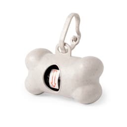 A bone-shaped bag dispenser in light grey with a clip, designed for pet waste bags.