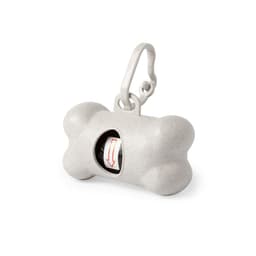 A grey bone-shaped waste dispenser with a attached clip. It includes a roll of waste bags inside.