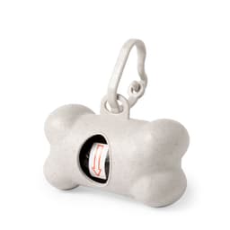 A grey bone-shaped pet waste bag dispenser with a clip for easy attachment. Features a roll of waste bags inside.