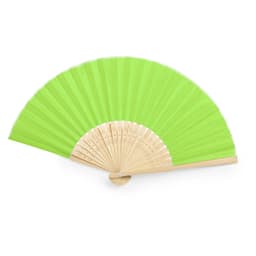 A green handheld fan with a wooden frame, featuring a traditional folding design.