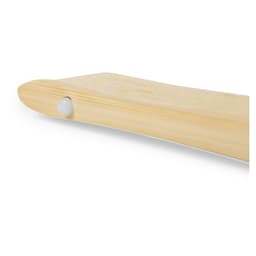 A wooden-handled handheld fan with a smooth finish and a white button for operation.