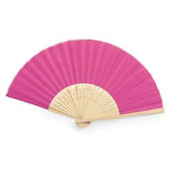 A pink handheld fan with a wooden handle, featuring a pleated design and decorative cut-outs.