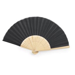 A handheld fan featuring a black fabric body with a wooden frame and intricate details on the handle.