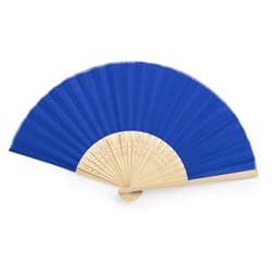 A handheld fan with a blue fabric surface and a natural wood frame, featuring intricate cut-out designs.