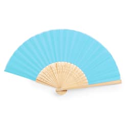 A blue handheld fan with a wooden handle, featuring a traditional folding design.