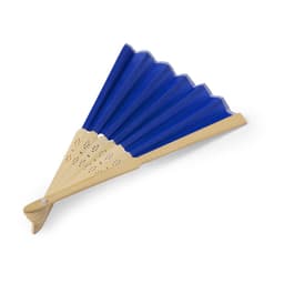 A blue handheld fan with a wooden handle, featuring an intricate design and multiple folds.