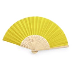 A yellow handheld fan with a wooden frame and pleated fabric. It features a decorative design on the wooden handle.