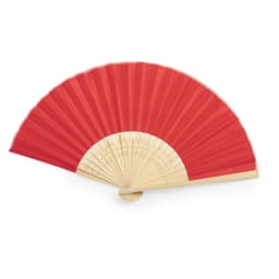A red handheld fan with a bamboo frame and intricate designs on the base. It features a classic, elegant shape.