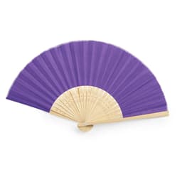 A purple handheld fan with a wooden handle, featuring a traditional folding design.