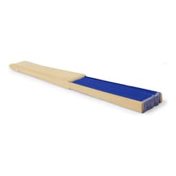 A wooden fan with blue fabric, ideal for keeping cool at events and exhibitions.