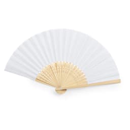 A white handheld fan with wooden accents, featuring a folding design for easy use.