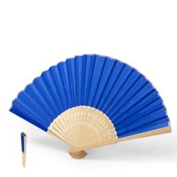 A blue handheld fan with a bamboo frame and intricately cut design, featuring a simple logo on the handle.