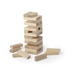 A wooden block stacking game with light timber blocks, some stacked and others scattered around.