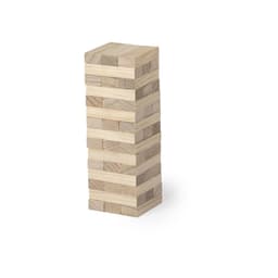 A wooden block stacking game with light and dark timber pieces arranged in a vertical tower. The product has a logo.