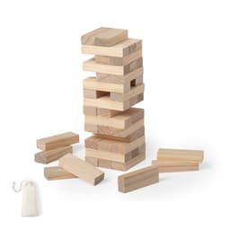 A wooden block stacking game with various sized blocks in a light wood finish, accompanied by a fabric bag.