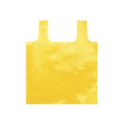 A foldable bag in a bright yellow colour, featuring a smooth texture and two handles. It has a branding logo on it.