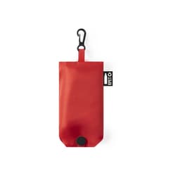 A red foldable bag with a clasp and a logo, designed for compact storage and portability.