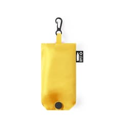 A yellow foldable bag with a hook for easy attachment, featuring a logo on the side.