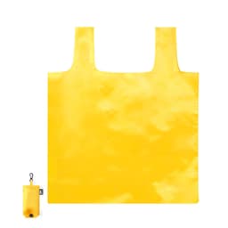 A bright yellow foldable bag alongside a compact pouch for storage. The bag features two handles and a logo.