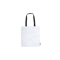 A white tote bag with black handles and a logo on the side, suitable for various uses.