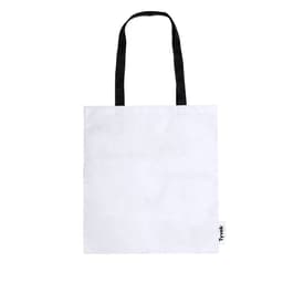 A white tote bag with black handles and a small logo patch on the side.