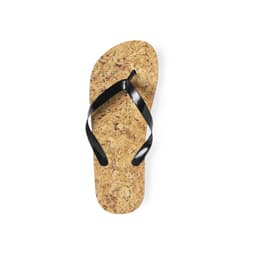 A pair of Sebrin flip flops with a cork sole and black straps. The product features a logo on the strap.