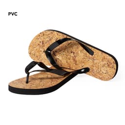 Black thongs with a cork footbed, featuring a simple design and a logo on the strap.