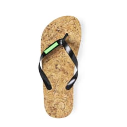 A pair of Sebrin flip flops featuring a cork footbed and black straps with a green accent.