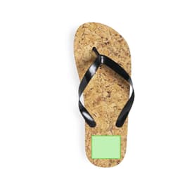 A cork flip flop with black straps and a green square on the sole. It features a logo on the upper side.