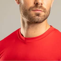 A red adult T-shirt with a round neckline and fitted design. The image features a model's upper body.