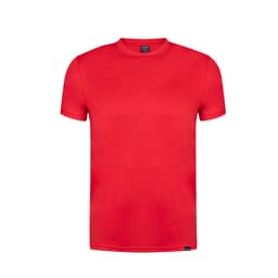 A red Layom T-Shirt featuring a classic crew neck design and a logo on the hem.