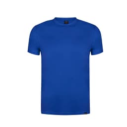 A blue T-shirt featuring a round neckline and short sleeves, with a small logo on the hem.
