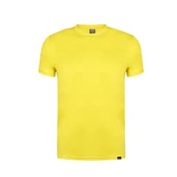 A yellow T-shirt featuring a crew neck and short sleeves, with a logo at the hem.