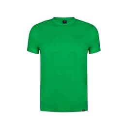 A vibrant green t-shirt with a round neckline and short sleeves, featuring a logo on the hem.