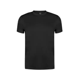 A black t-shirt with short sleeves, featuring a logo on the side. The style is simple and classic.