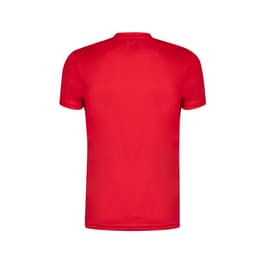 A red t-shirt with a crew neck and short sleeves, featuring a logo on the back.
