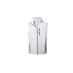 A white vest with a high collar, front zipper, and two zippered pockets, featuring a logo.