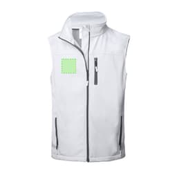 A white vest featuring a high collar, two front zip pockets, and a logo on the chest area.
