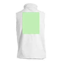 A white sleeveless vest featuring a blank green area on the back and a logo at the neck.