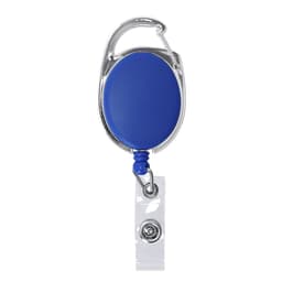 A blue badge reel with a metal clip and a clear strap for attaching badges.